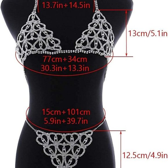 Rhinestones Body Chain Suit Silver Crystal Bikini Bra Underwear Sexy Sparkly Par - Picture 4 of 7